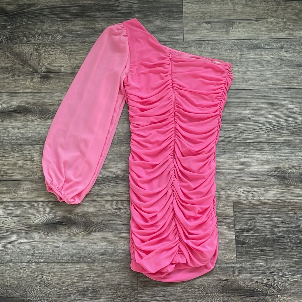 Hello Molly| Party It Up Bodycon Ruched One Shoulder Balloon Sheer Mini Dress XL - Picture 8 of 15